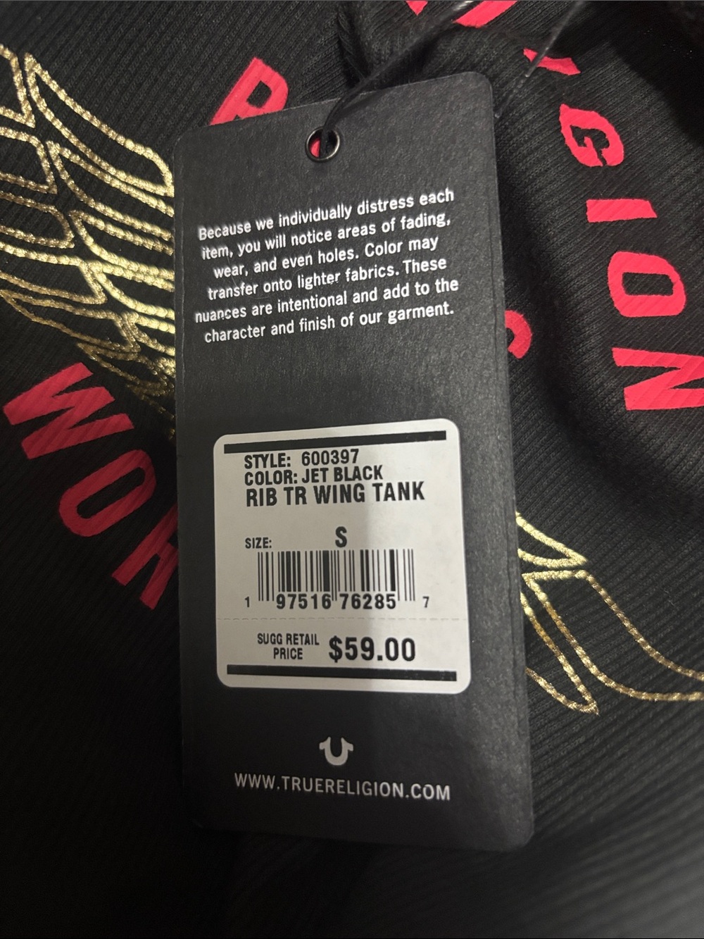 True Religion Black Tank with red Logo and Gold Wing Graphic - Picture 3 of 3